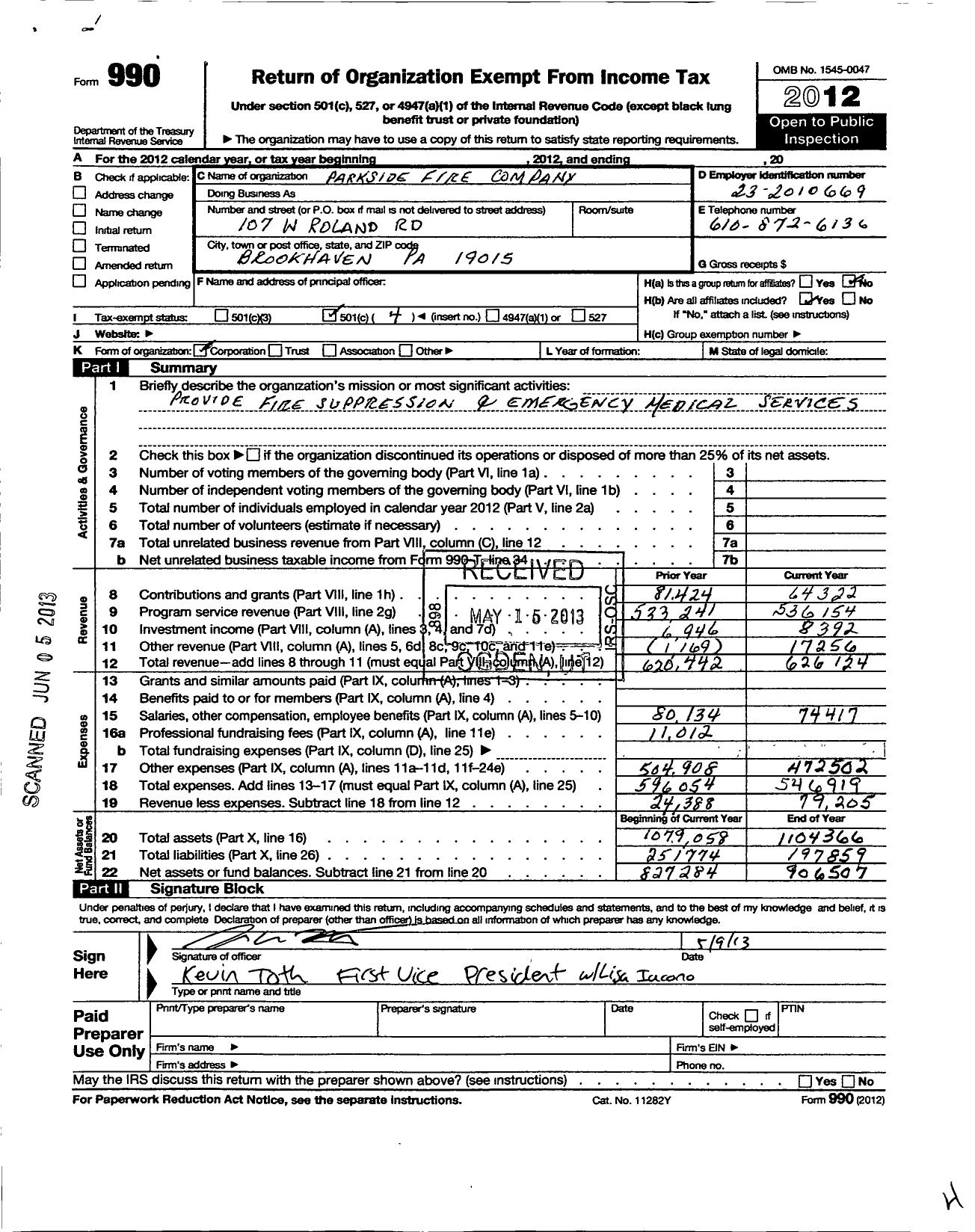 Image of first page of 2012 Form 990O for Parkside Fire Company