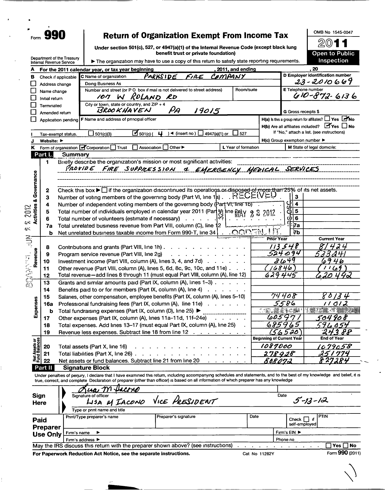 Image of first page of 2011 Form 990O for Parkside Fire Company