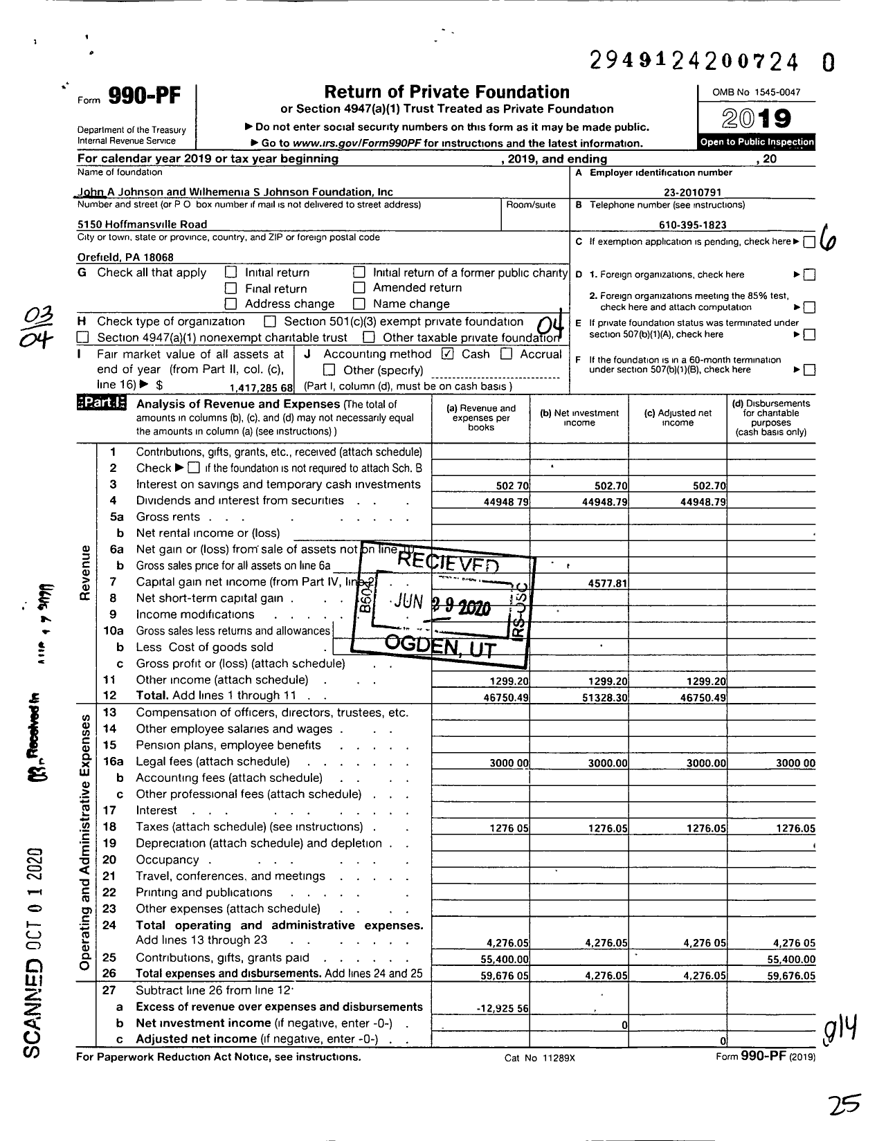 Image of first page of 2019 Form 990PR for John A Johnson and Wilhemenia S Johnson Foundation