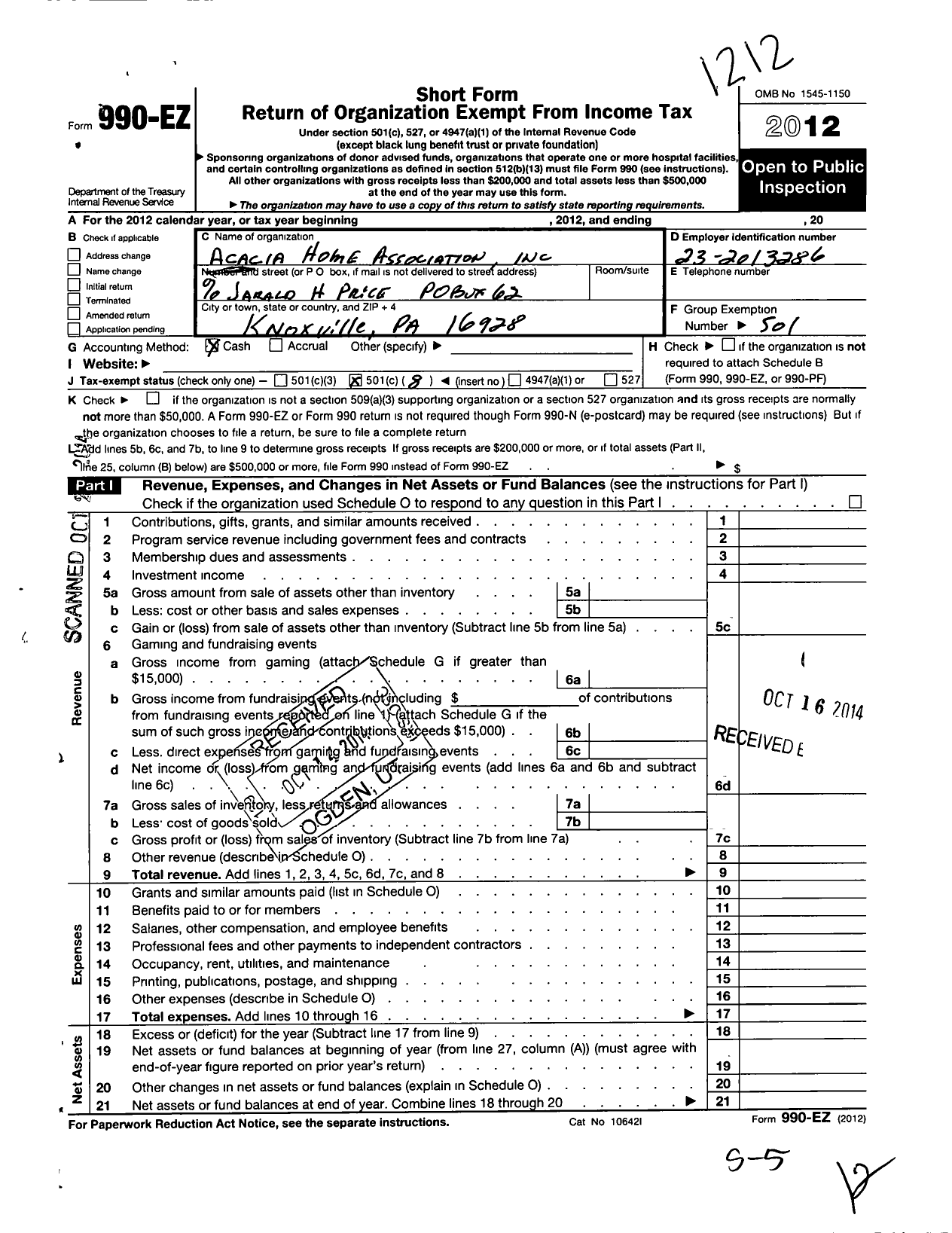 Image of first page of 2012 Form 990EO for Acacia Home Association