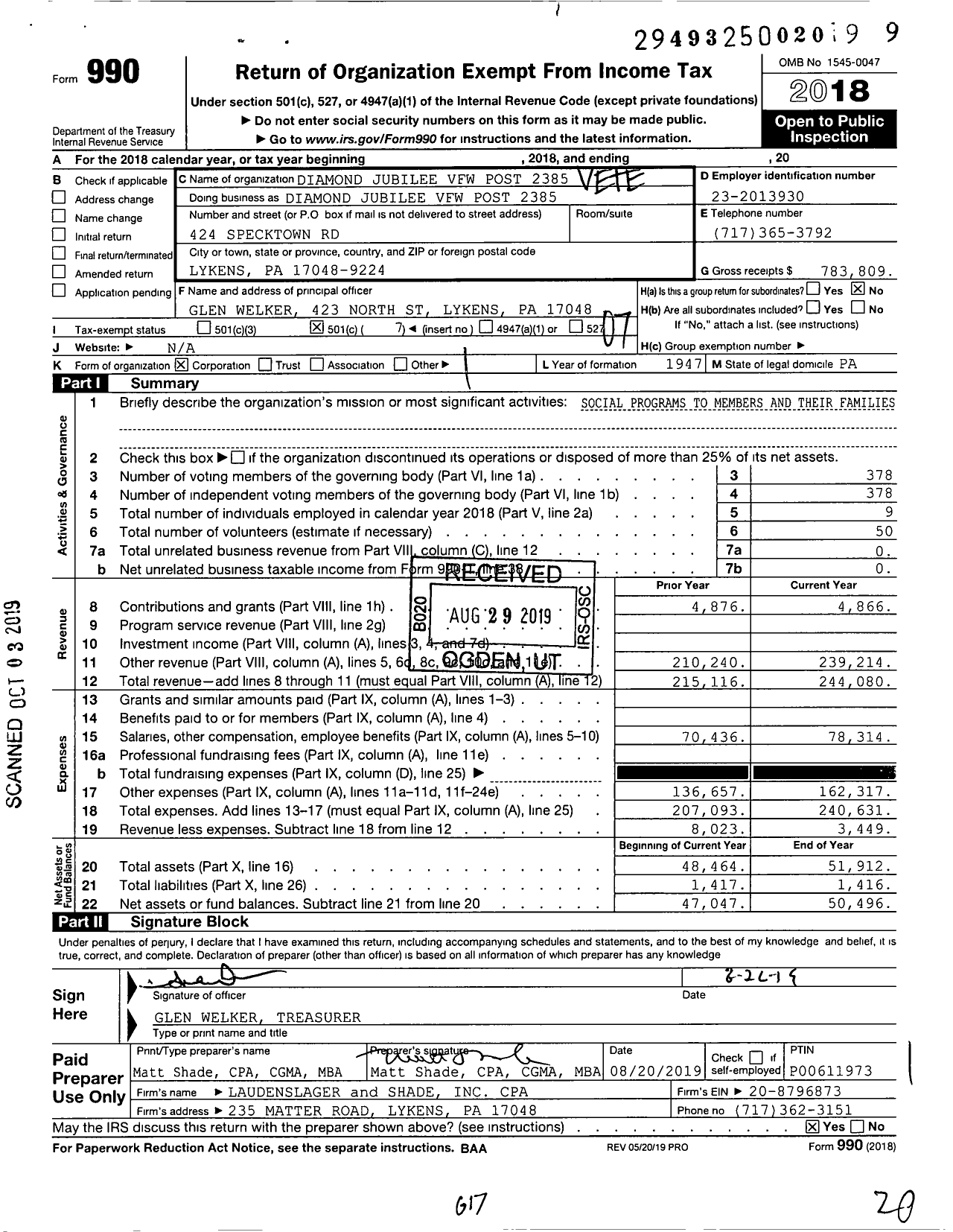 Image of first page of 2018 Form 990O for Veterans of Foreign Wars of the United States Auxiliary Dept of Pa - Diamond Jubilee VFW Post 2385