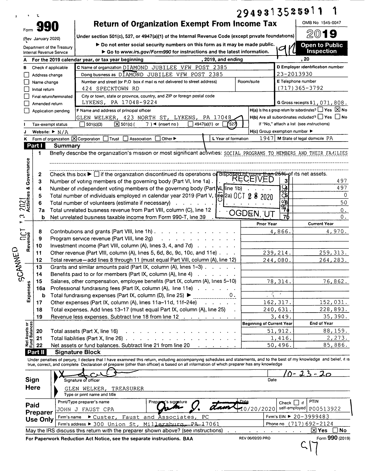 Image of first page of 2019 Form 990O for Veterans of Foreign Wars of the United States Auxiliary Dept of Pa - Diamond Jubilee VFW Post 2385