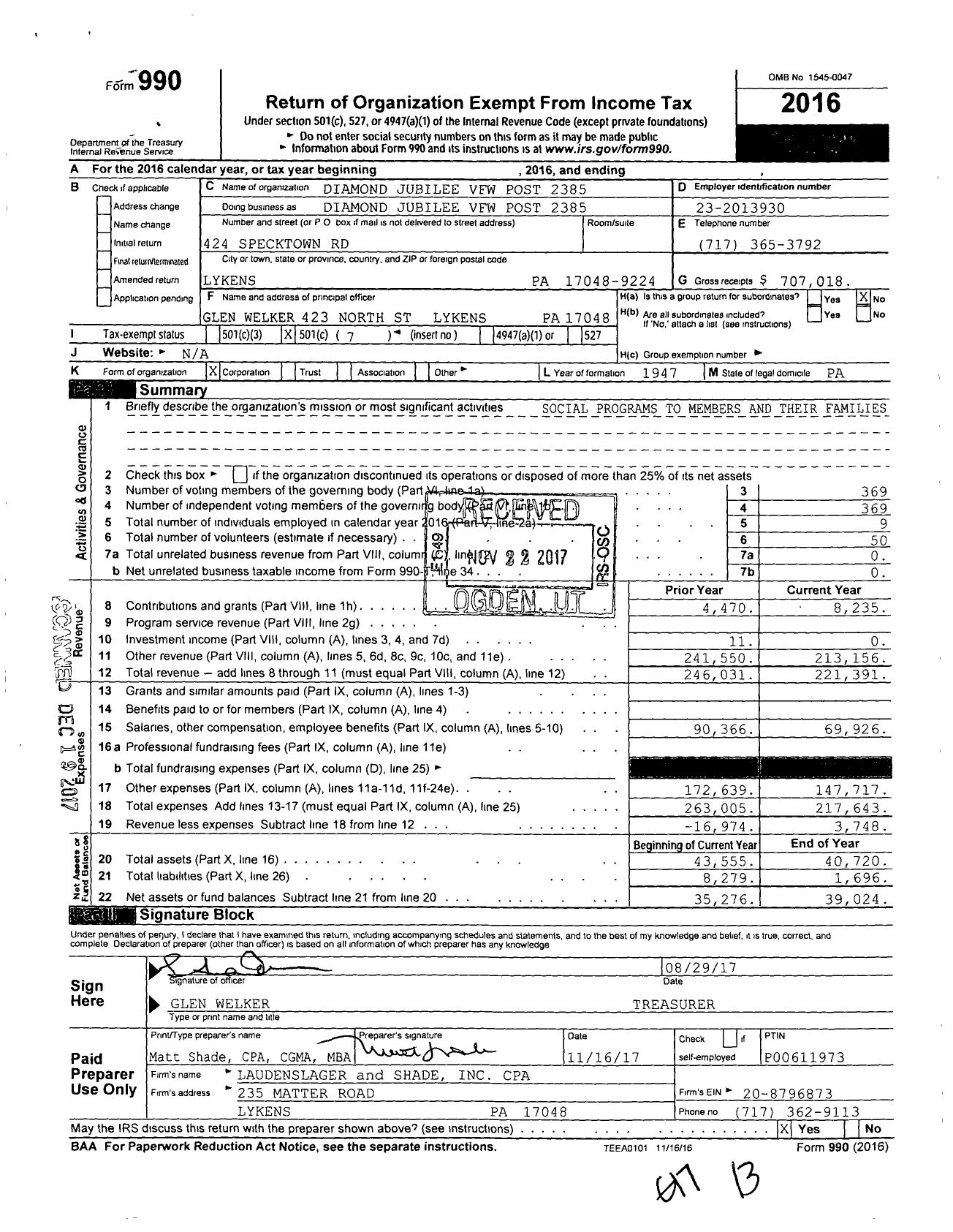 Image of first page of 2016 Form 990O for Veterans of Foreign Wars of the United States Auxiliary Dept of Pa - Diamond Jubilee VFW Post 2385