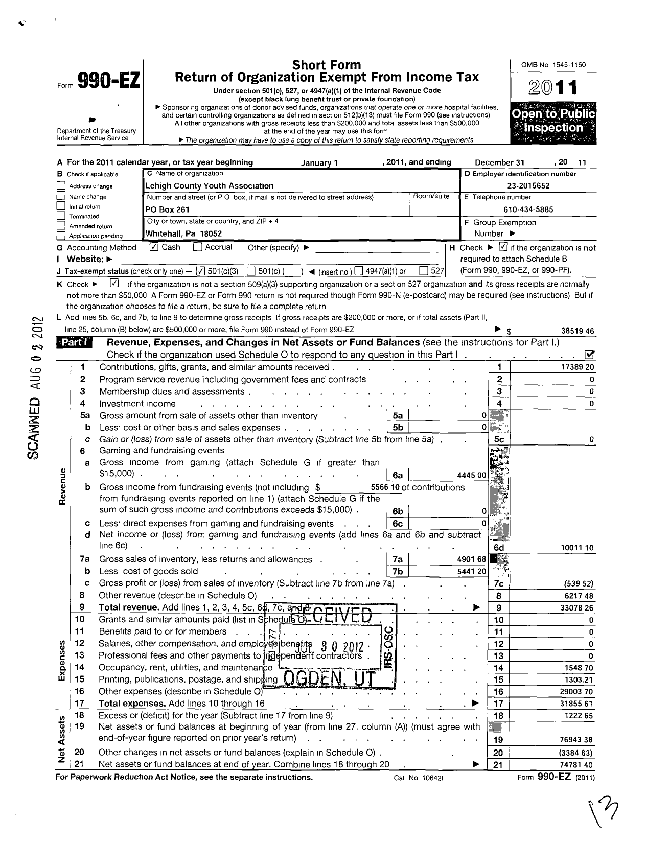 Image of first page of 2011 Form 990EZ for Lehigh County Youth Association