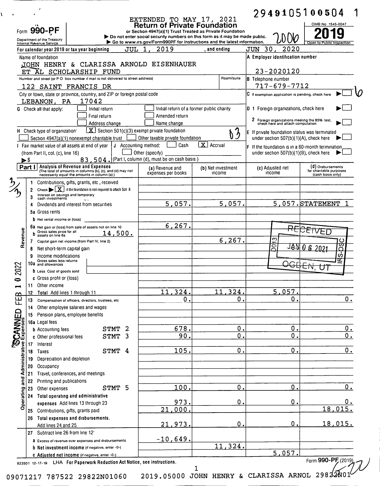 Image of first page of 2019 Form 990PF for John Henry and Clarissa Arnold Eisenhauer Et Al Scholarship Fund