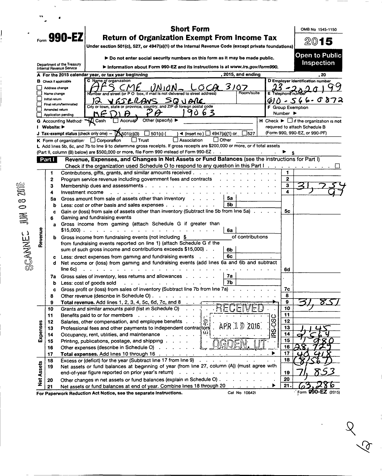 Image of first page of 2015 Form 990EZ for American Federation of State County & Municipal Employees - L3107pa Delaware Pa Pub Emps Assoc