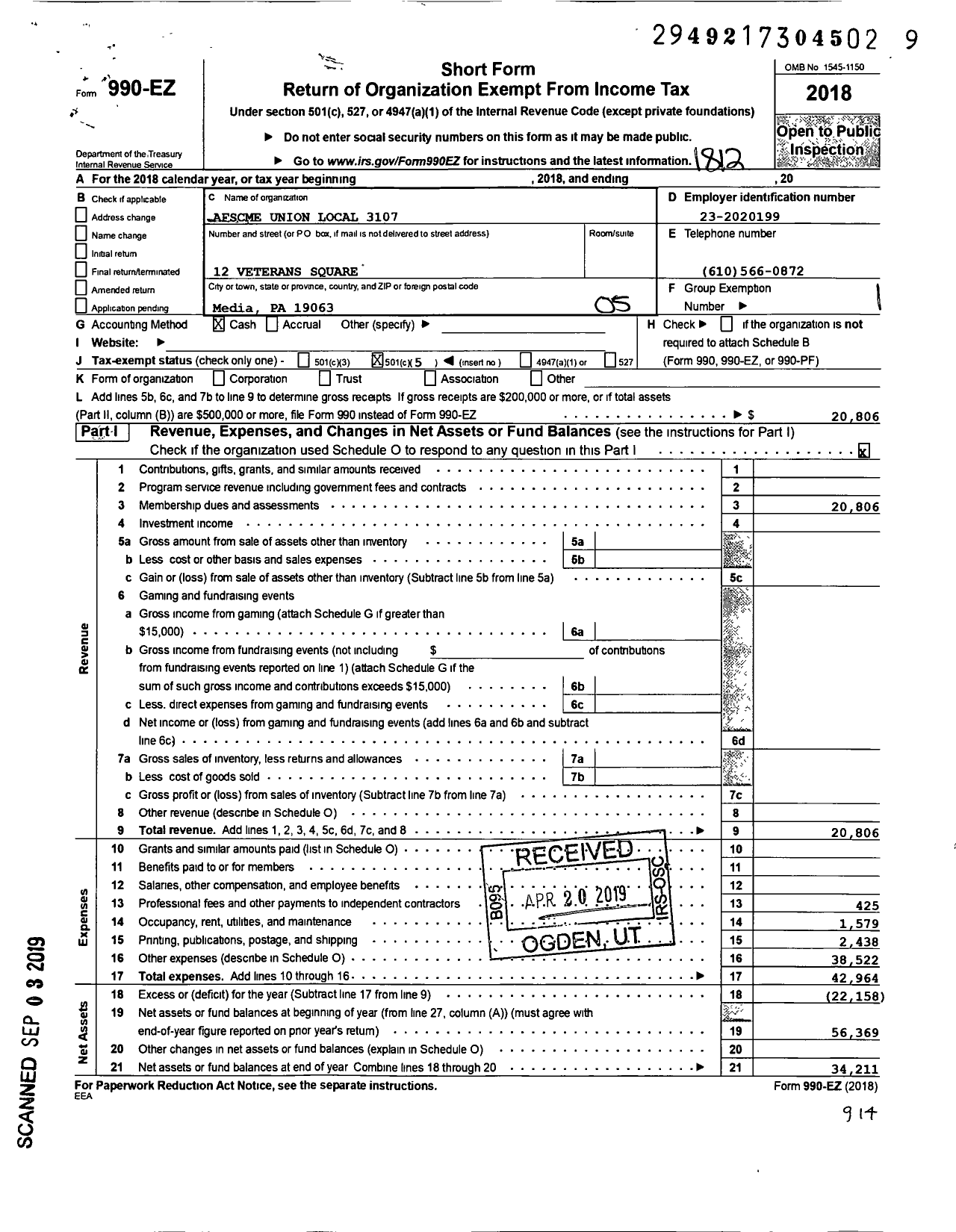 Image of first page of 2018 Form 990EO for American Federation of State County & Municipal Employees - L3107pa Delaware Pa Pub Emps Assoc