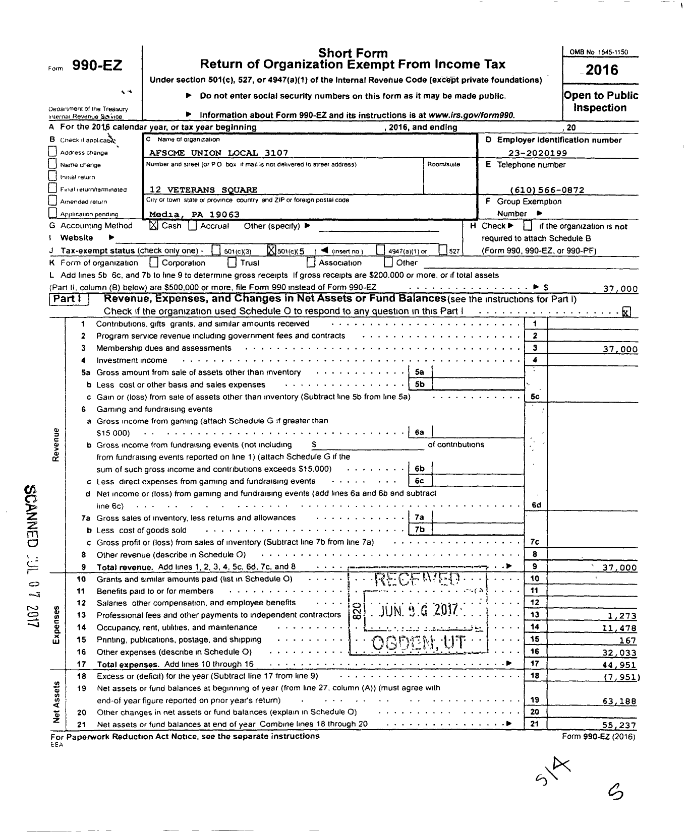 Image of first page of 2016 Form 990EO for American Federation of State County & Municipal Employees - L3107pa Delaware Pa Pub Emps Assoc