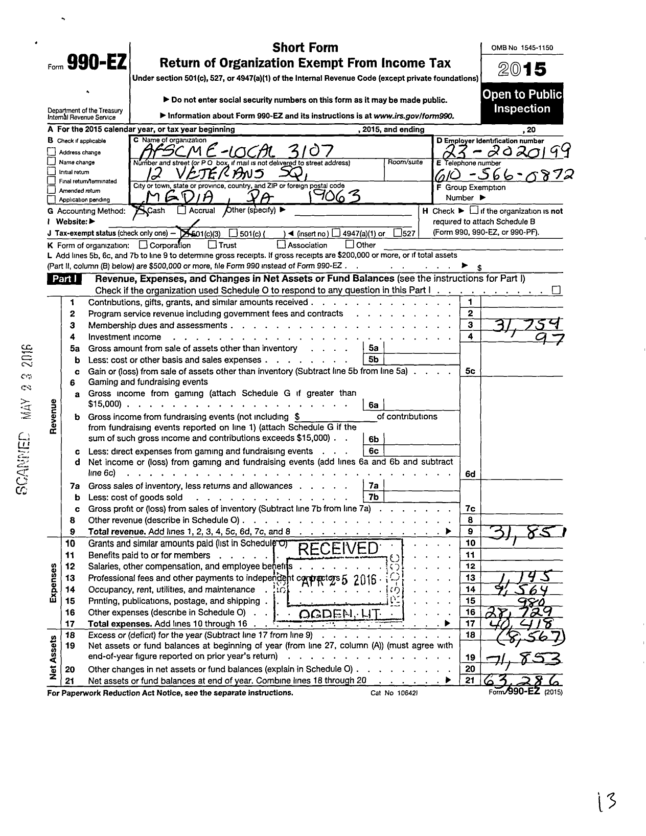 Image of first page of 2015 Form 990EZ for American Federation of State County & Municipal Employees - L3107pa Delaware Pa Pub Emps Assoc