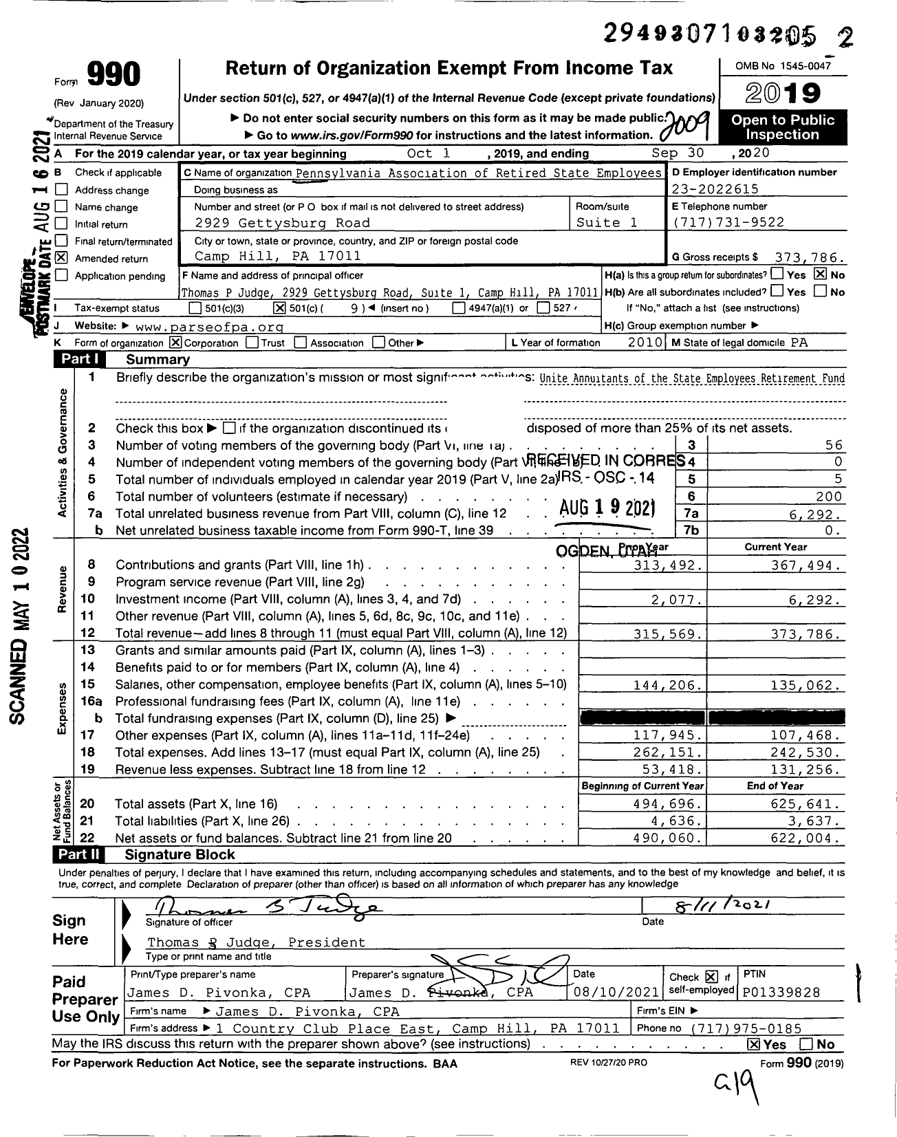 Image of first page of 2019 Form 990O for Pennsylvania Association of Retired State Employees (PARSE)