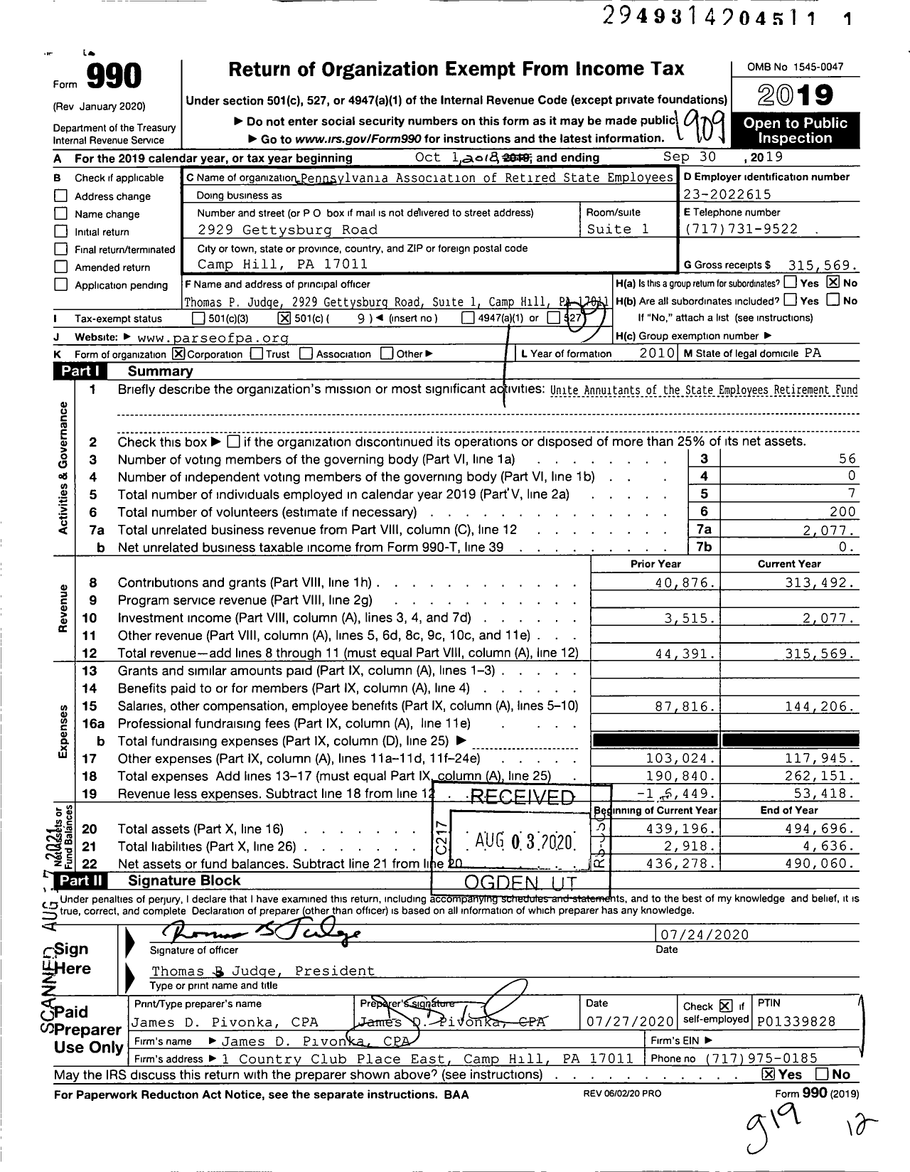 Image of first page of 2018 Form 990O for Pennsylvania Association of Retired State Employees (PARSE)