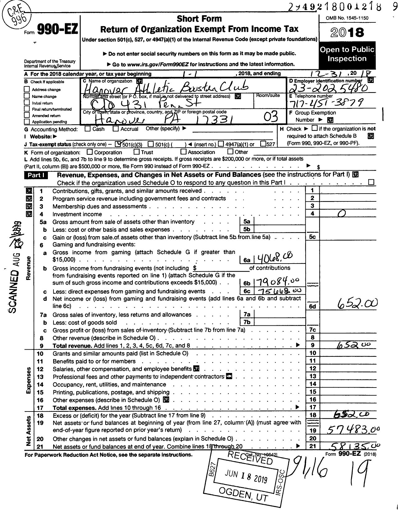 Image of first page of 2018 Form 990EZ for Hanover Athletic Booster Club