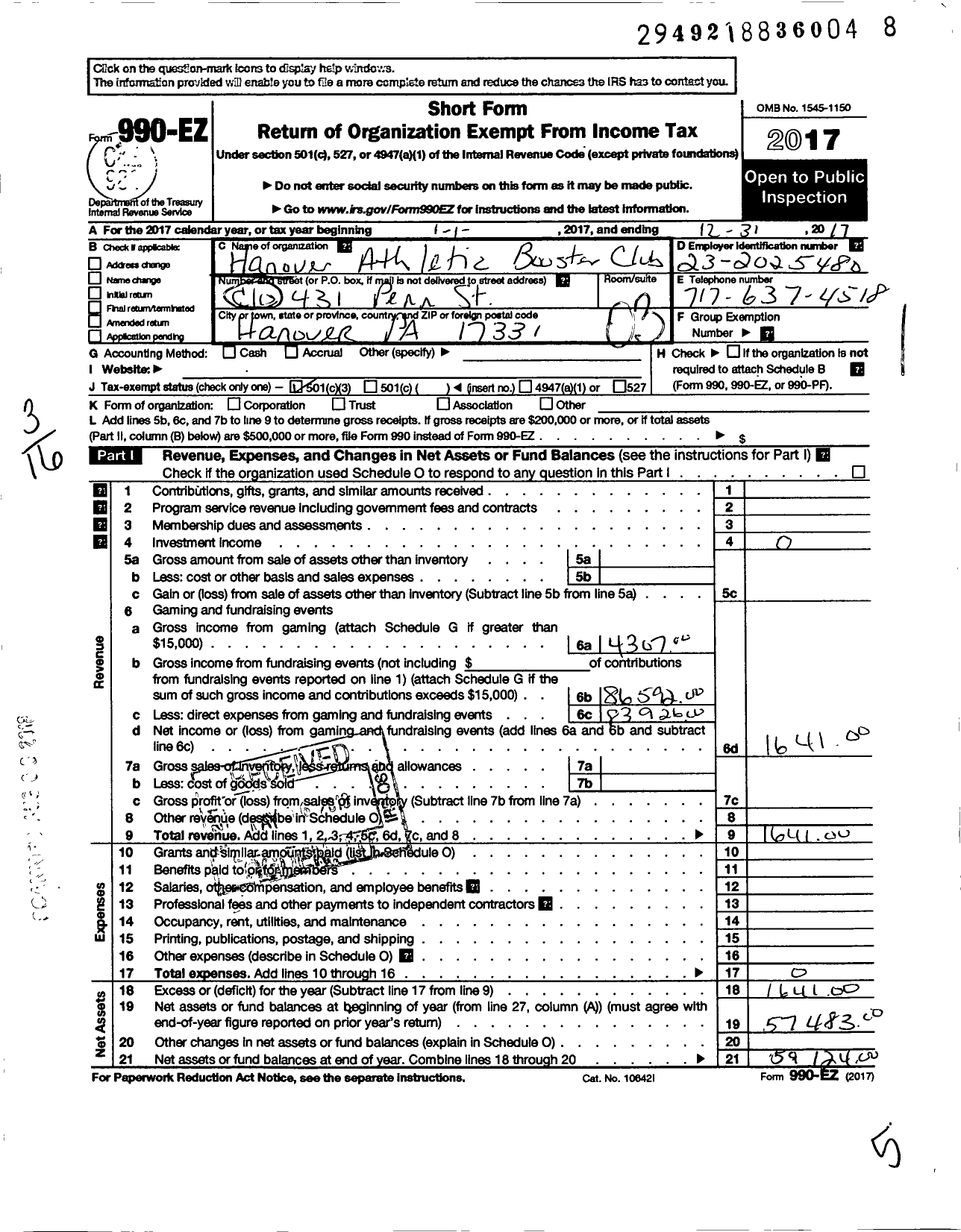 Image of first page of 2017 Form 990EZ for Hanover Athletic Booster Club