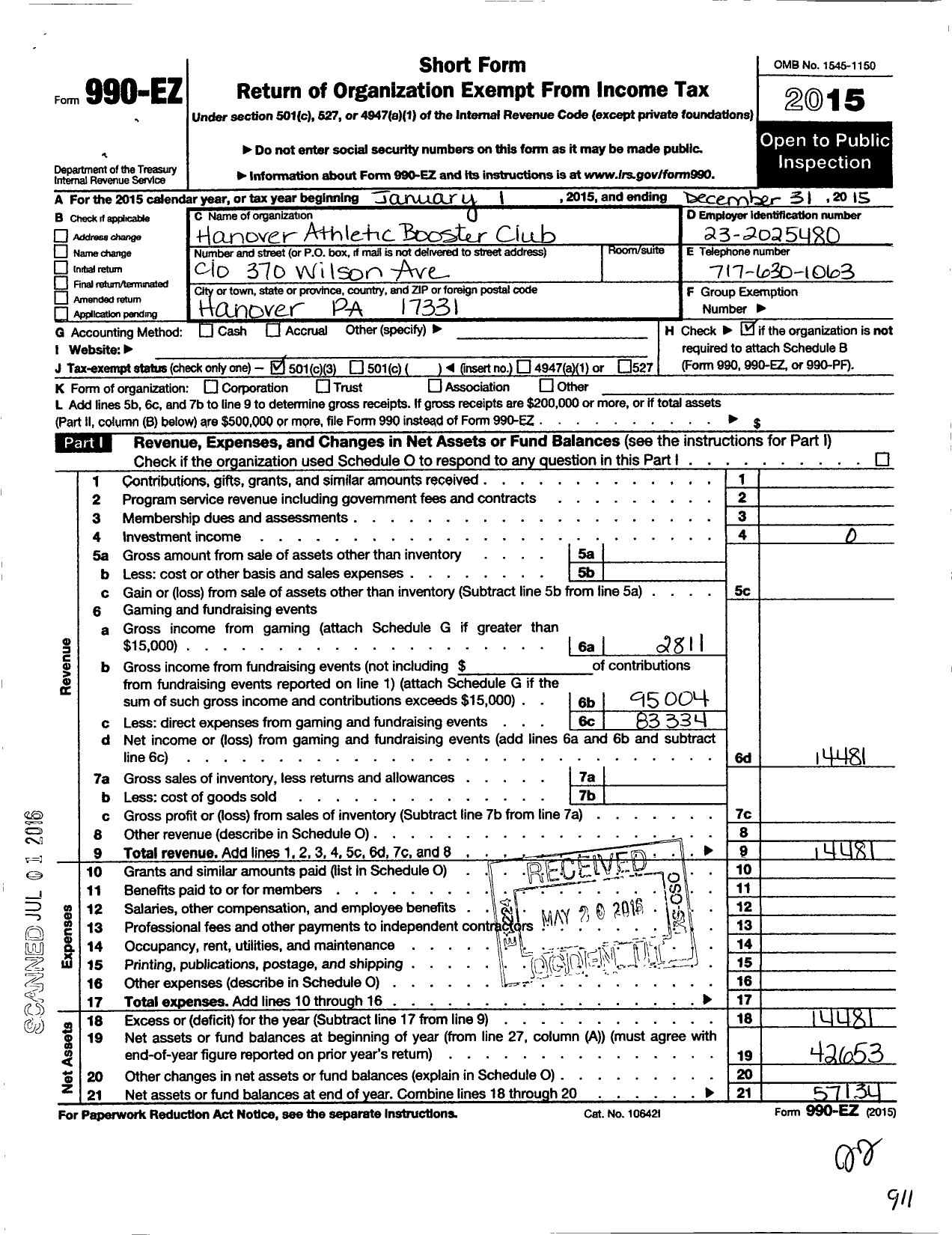 Image of first page of 2015 Form 990EZ for Hanover Athletic Booster Club