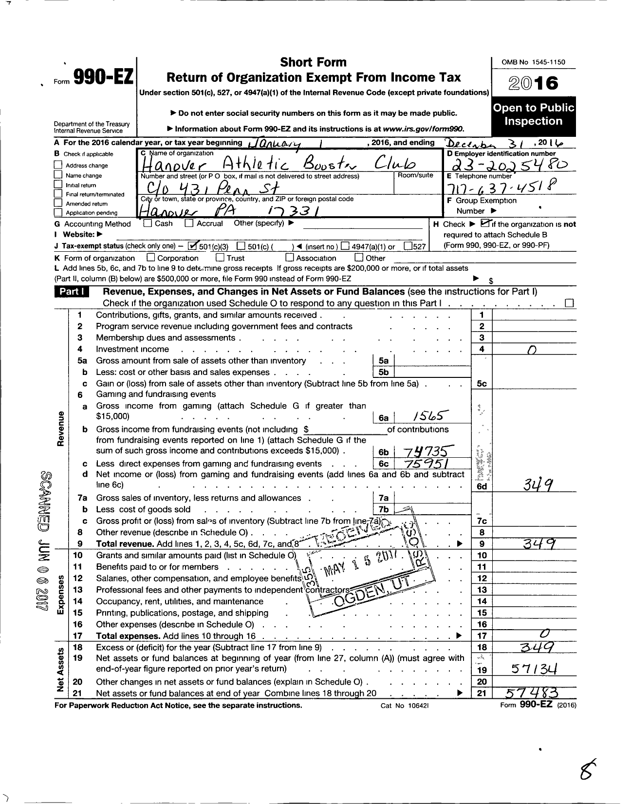 Image of first page of 2016 Form 990EZ for Hanover Athletic Booster Club