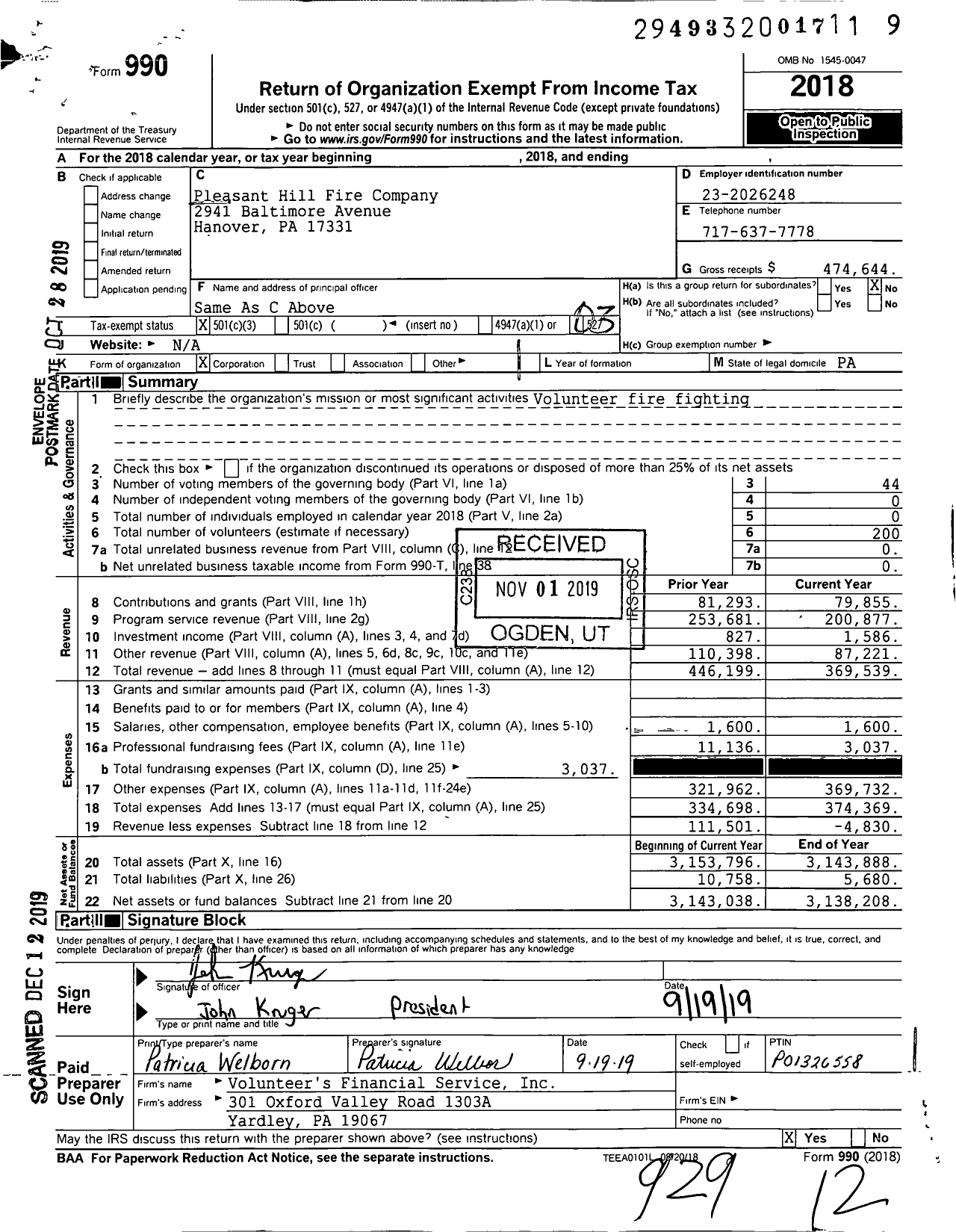 Image of first page of 2018 Form 990 for Pleasant Hill Fire Company