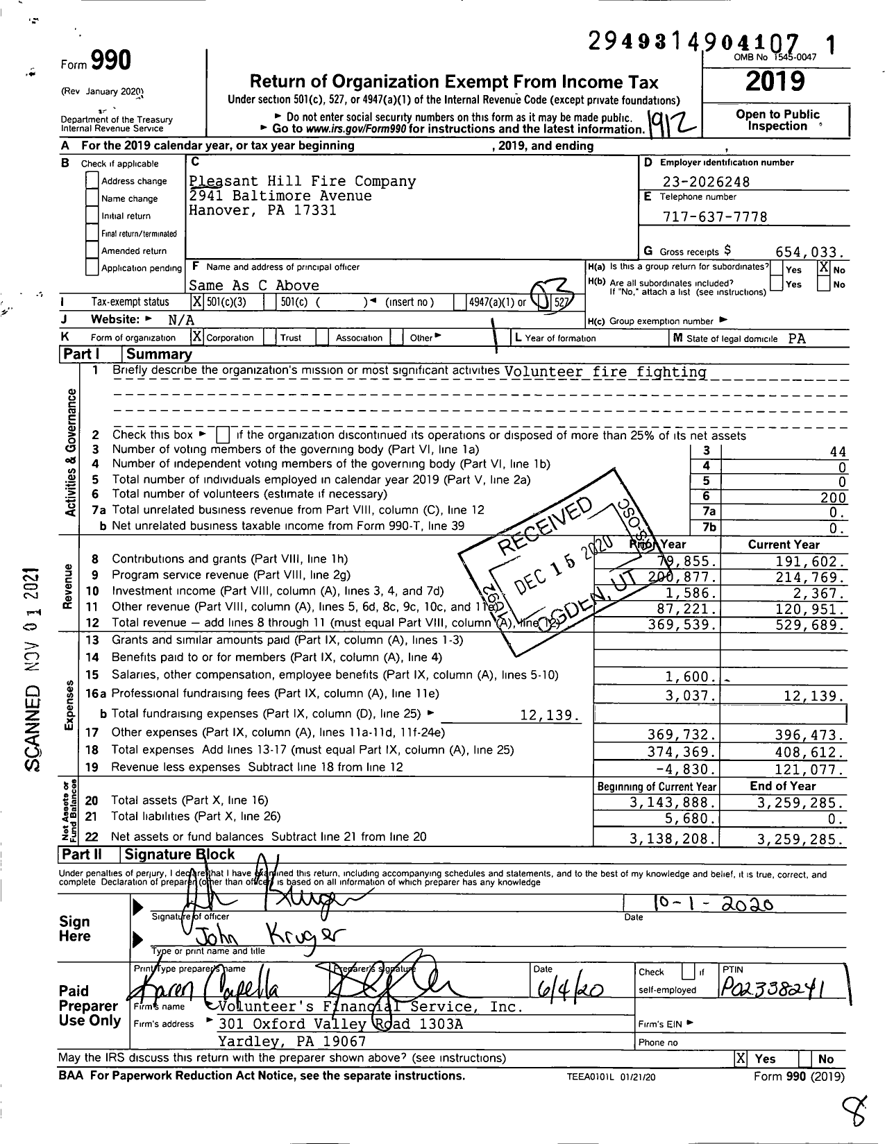 Image of first page of 2019 Form 990 for Pleasant Hill Fire Company