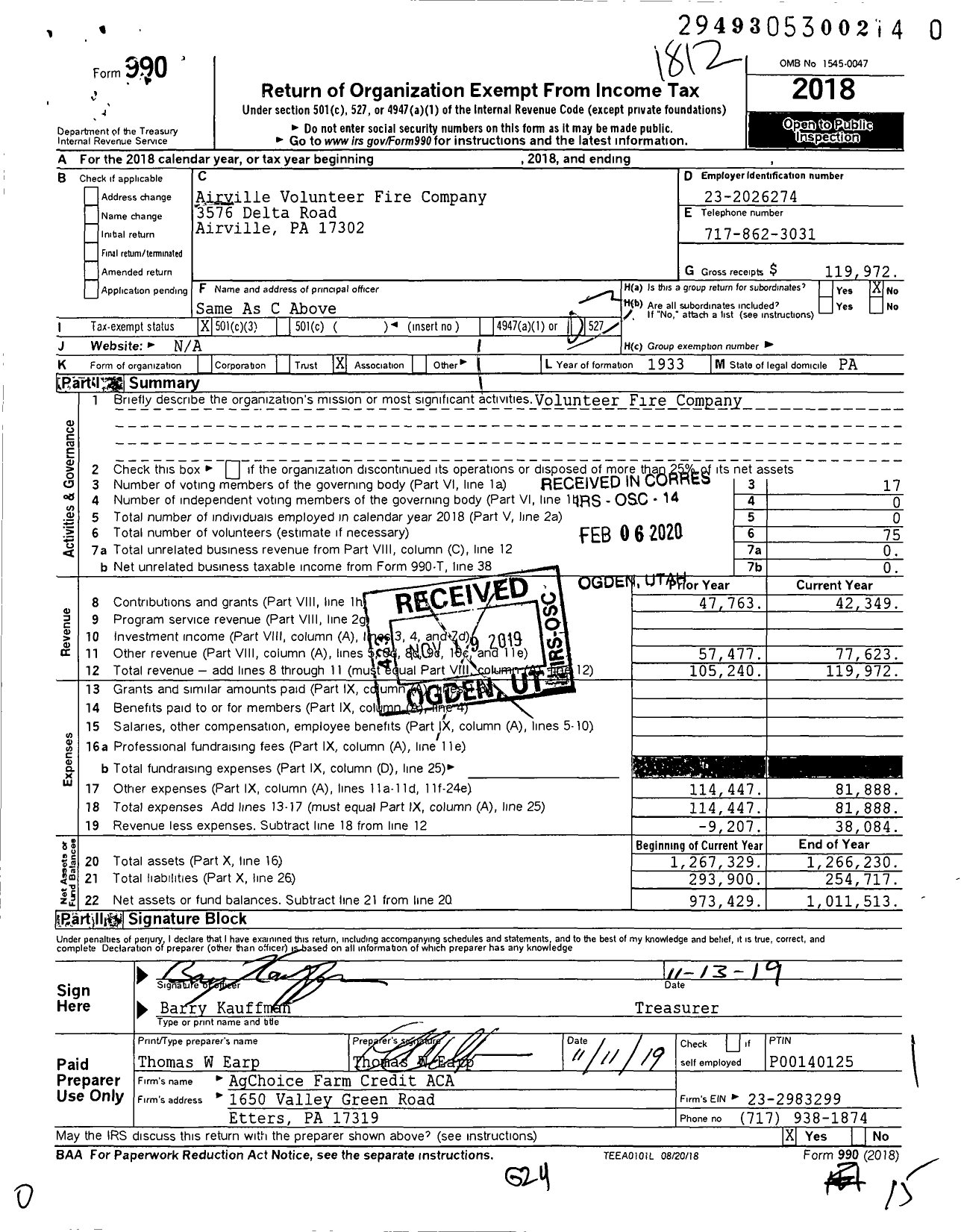 Image of first page of 2018 Form 990 for Airville Volunteer Fire Company