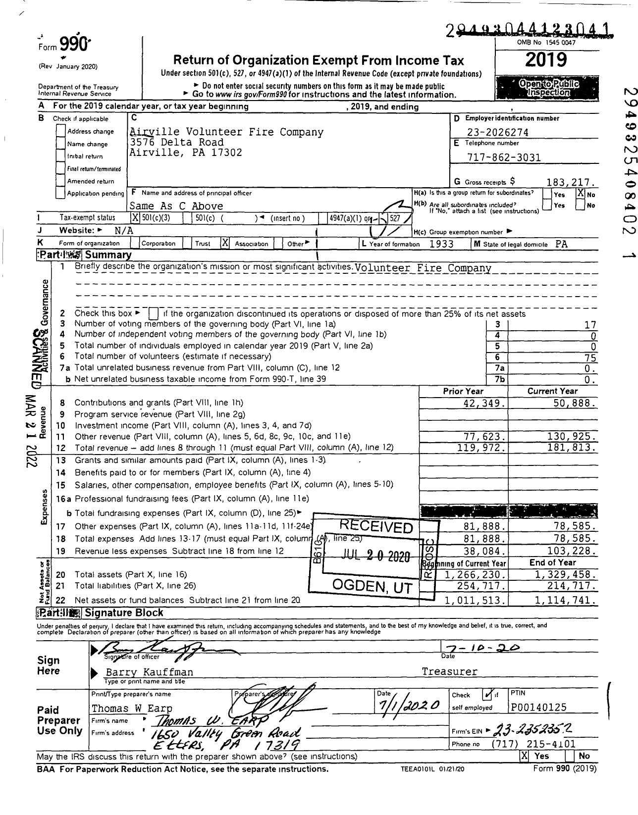 Image of first page of 2019 Form 990 for Airville Volunteer Fire Company