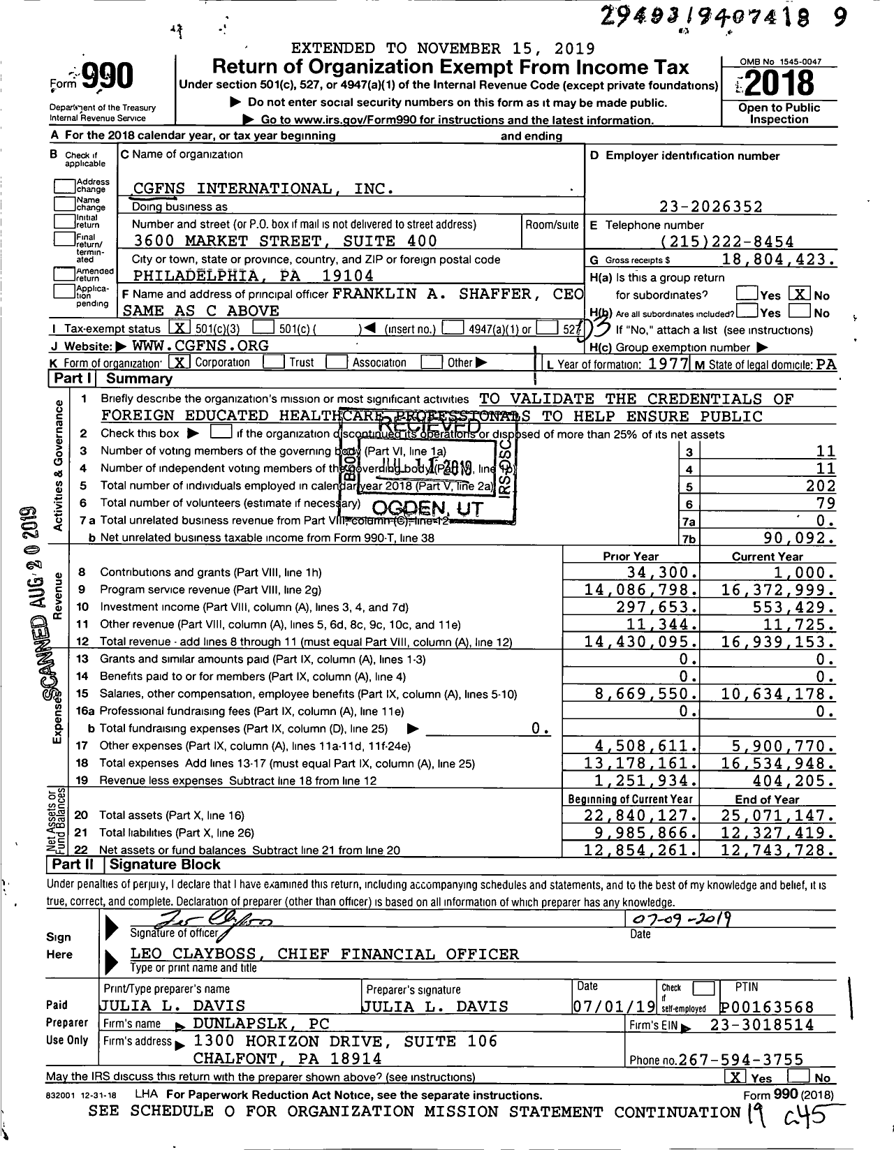 Image of first page of 2018 Form 990 for Commission on Graduates of Foreign Nursing Schools (CGFNS)