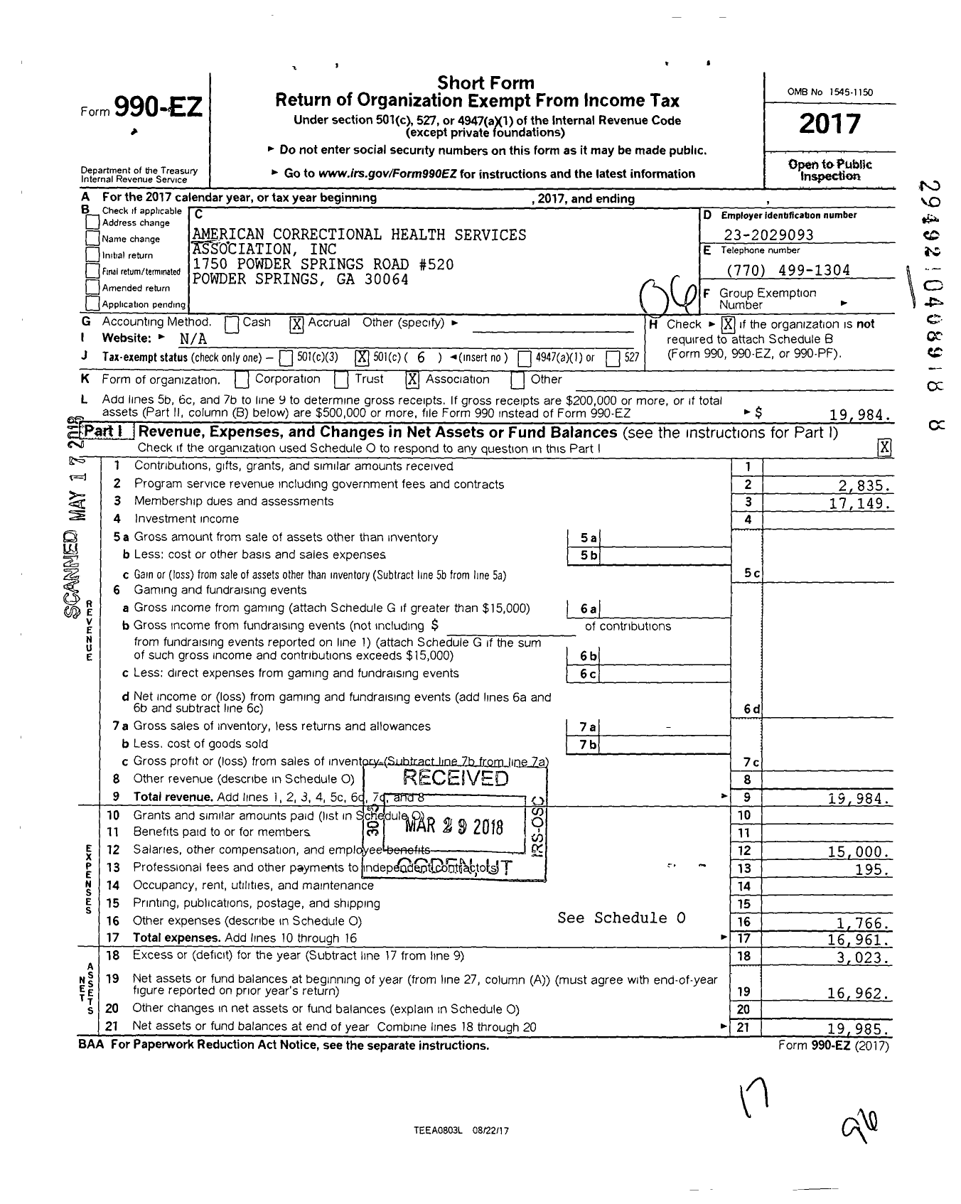 Image of first page of 2017 Form 990EO for American Correctional Health Services Association