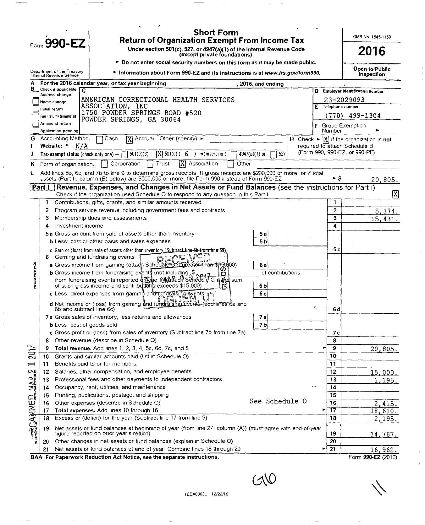 Image of first page of 2016 Form 990EO for American Correctional Health Services Association