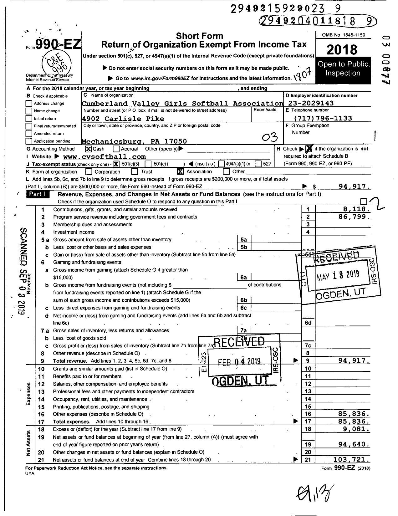 Image of first page of 2017 Form 990EZ for Cumberland Valley Girls Softball Association