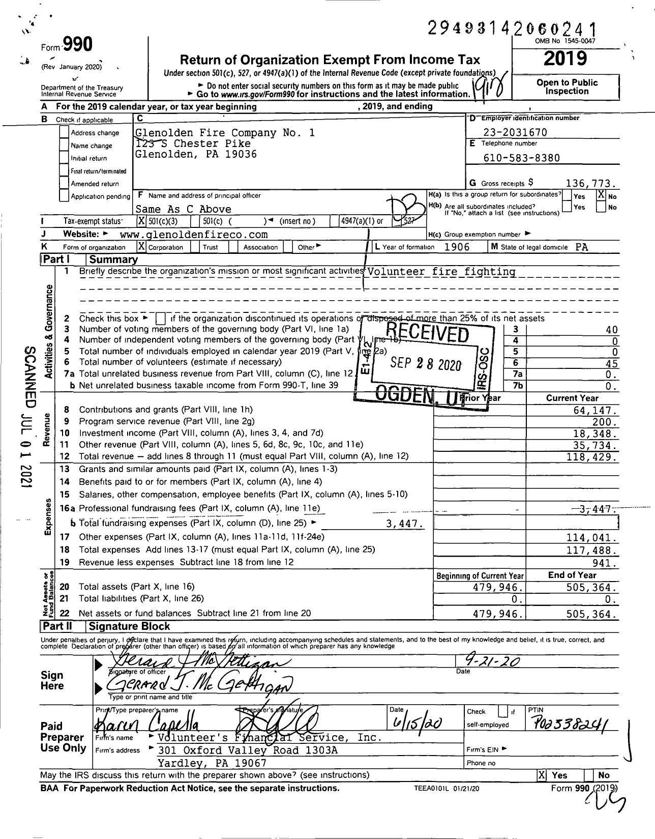 Image of first page of 2019 Form 990 for Glenolden Fire Company No 1