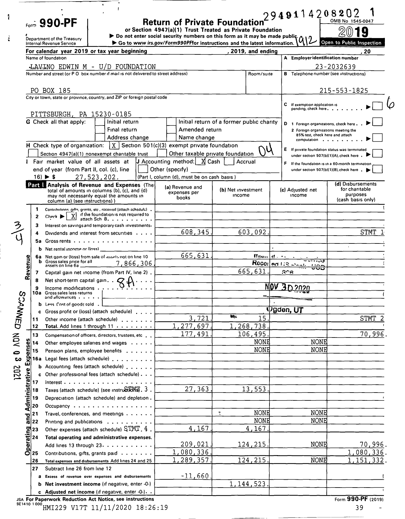 Image of first page of 2019 Form 990PF for Edwin Lavino U D Foundation