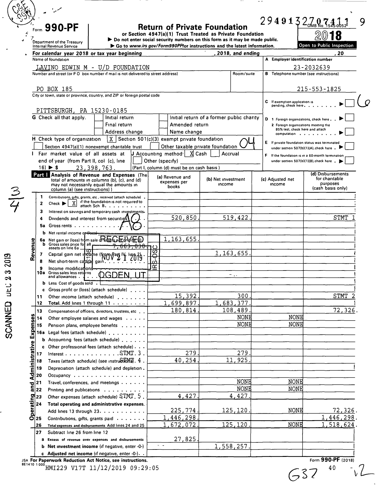 Image of first page of 2018 Form 990PF for Edwin Lavino U D Foundation