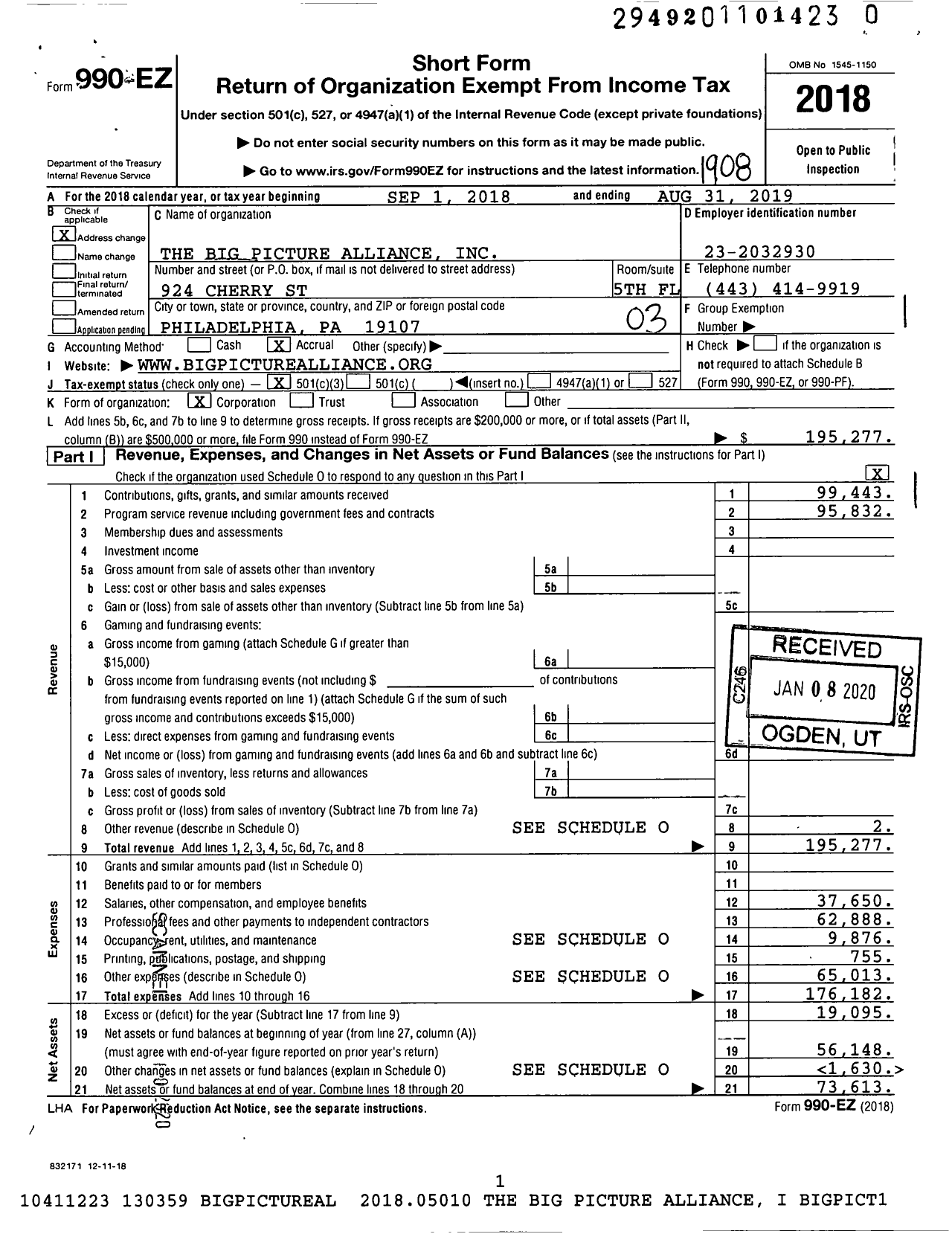 Image of first page of 2018 Form 990EZ for The Big Picture Alliance