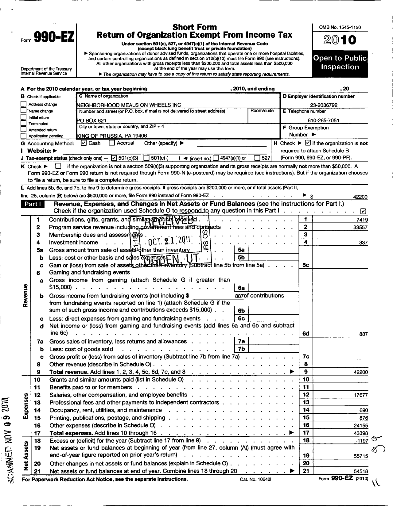 Image of first page of 2010 Form 990EZ for Neighborhood Meals on Wheels