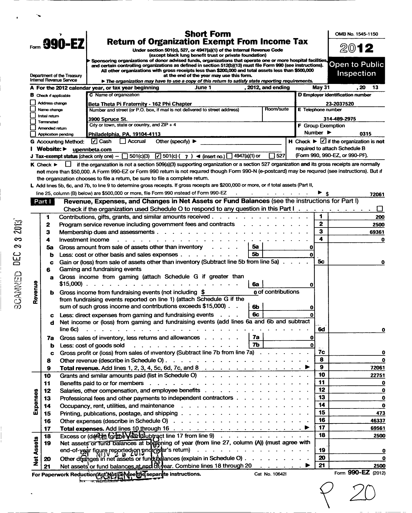 Image of first page of 2012 Form 990EO for Beta Theta Pi Fraternity 162 Phi Chapter