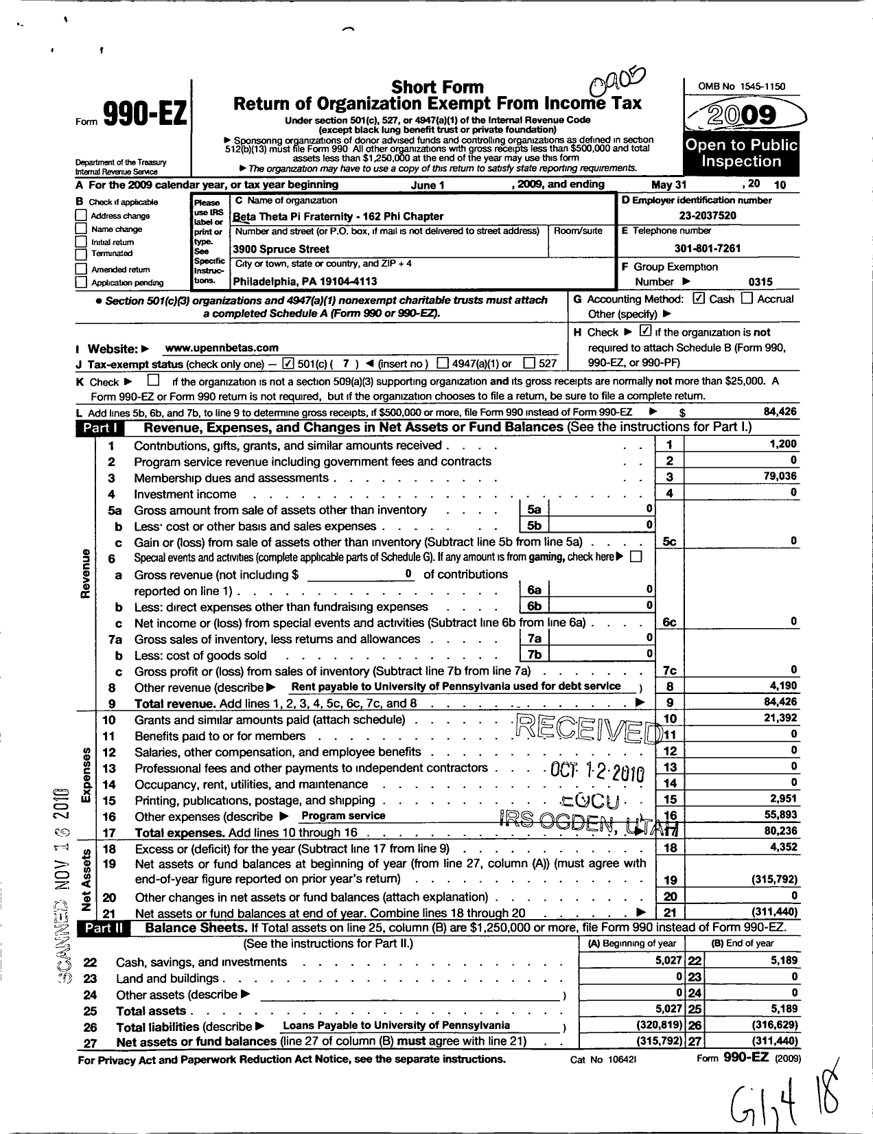 Image of first page of 2009 Form 990EO for Beta Theta Pi Fraternity 162 Phi Chapter