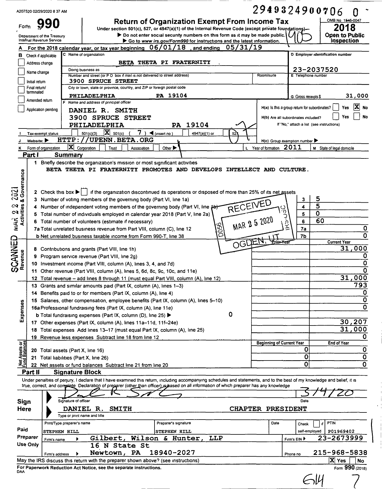 Image of first page of 2018 Form 990O for Beta Theta Pi Fraternity 162 Phi Chapter