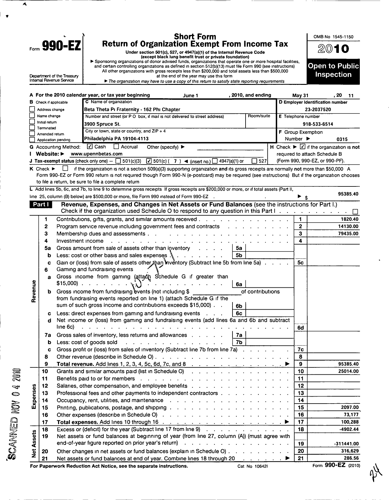 Image of first page of 2010 Form 990EO for Beta Theta Pi Fraternity 162 Phi Chapter