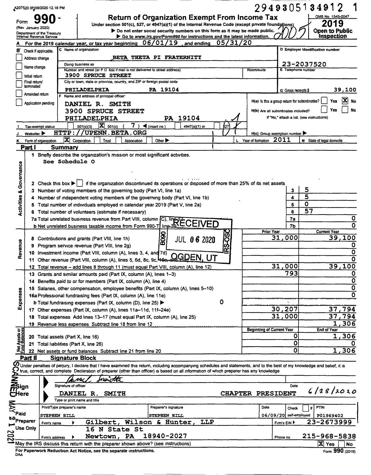 Image of first page of 2019 Form 990O for Beta Theta Pi Fraternity 162 Phi Chapter