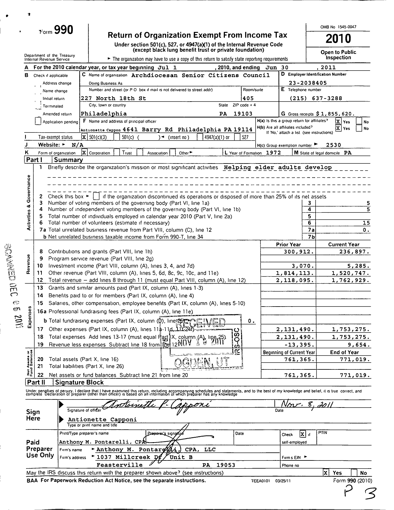 Image of first page of 2010 Form 990 for Archdiocesan Senior Citizens Council