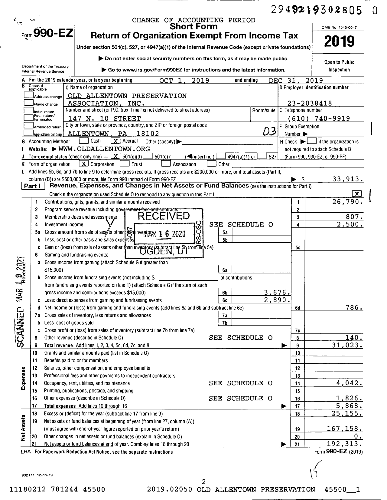 Image of first page of 2019 Form 990EZ for Old Allentown Preservation Association