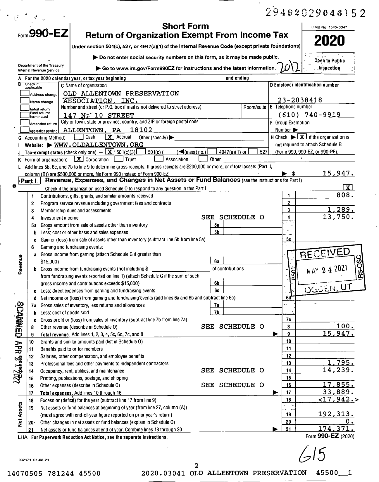 Image of first page of 2020 Form 990EZ for Old Allentown Preservation Association