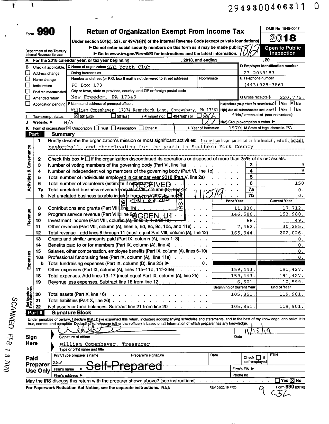 Image of first page of 2018 Form 990 for SYC Youth Club