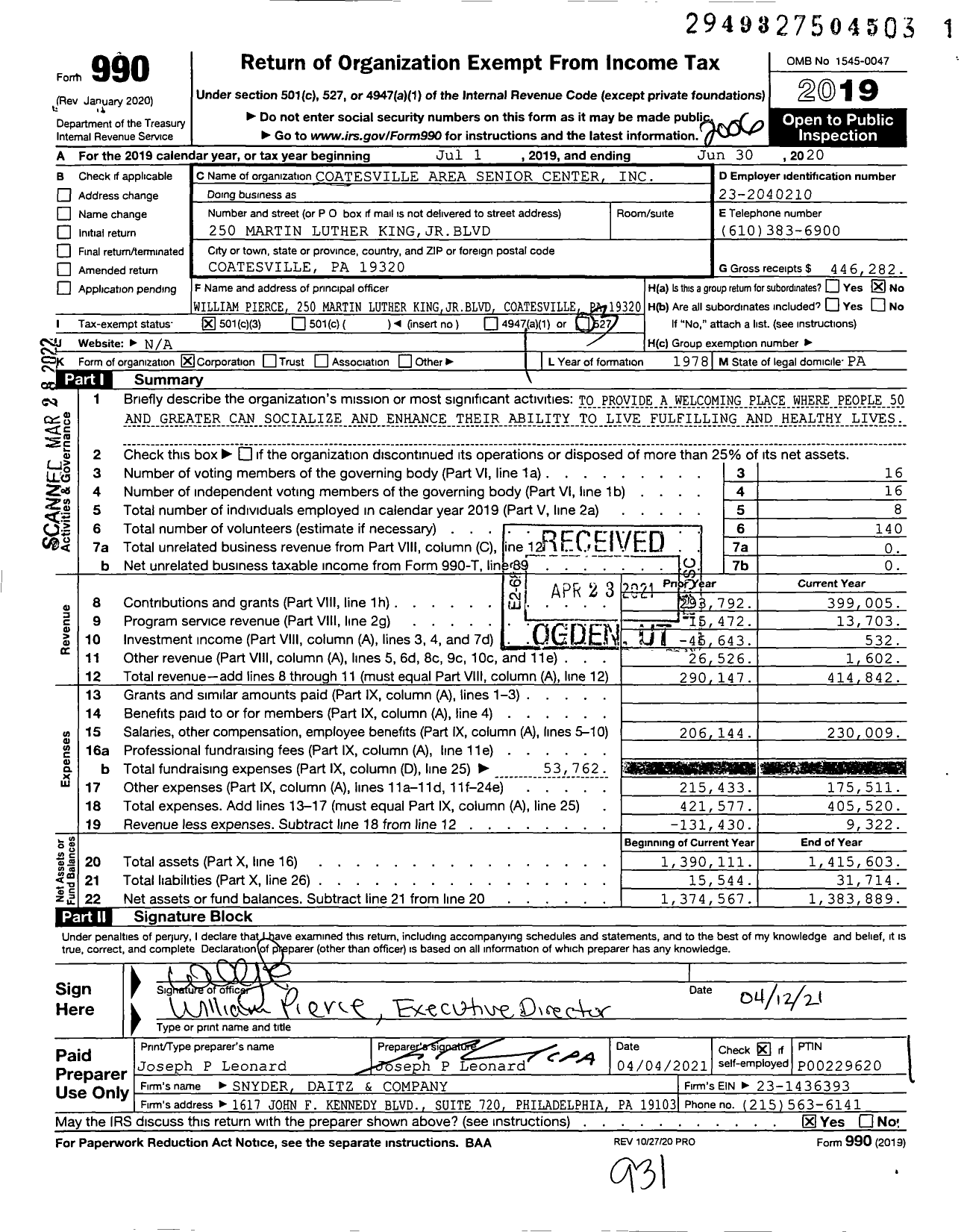 Image of first page of 2019 Form 990 for Brandywine Valley Active Aging