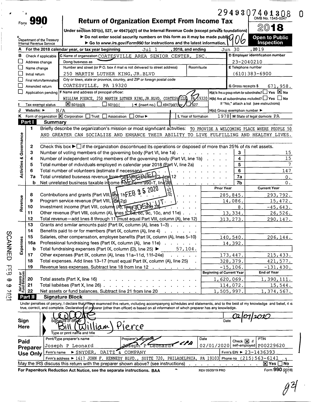 Image of first page of 2018 Form 990 for Brandywine Valley Active Aging