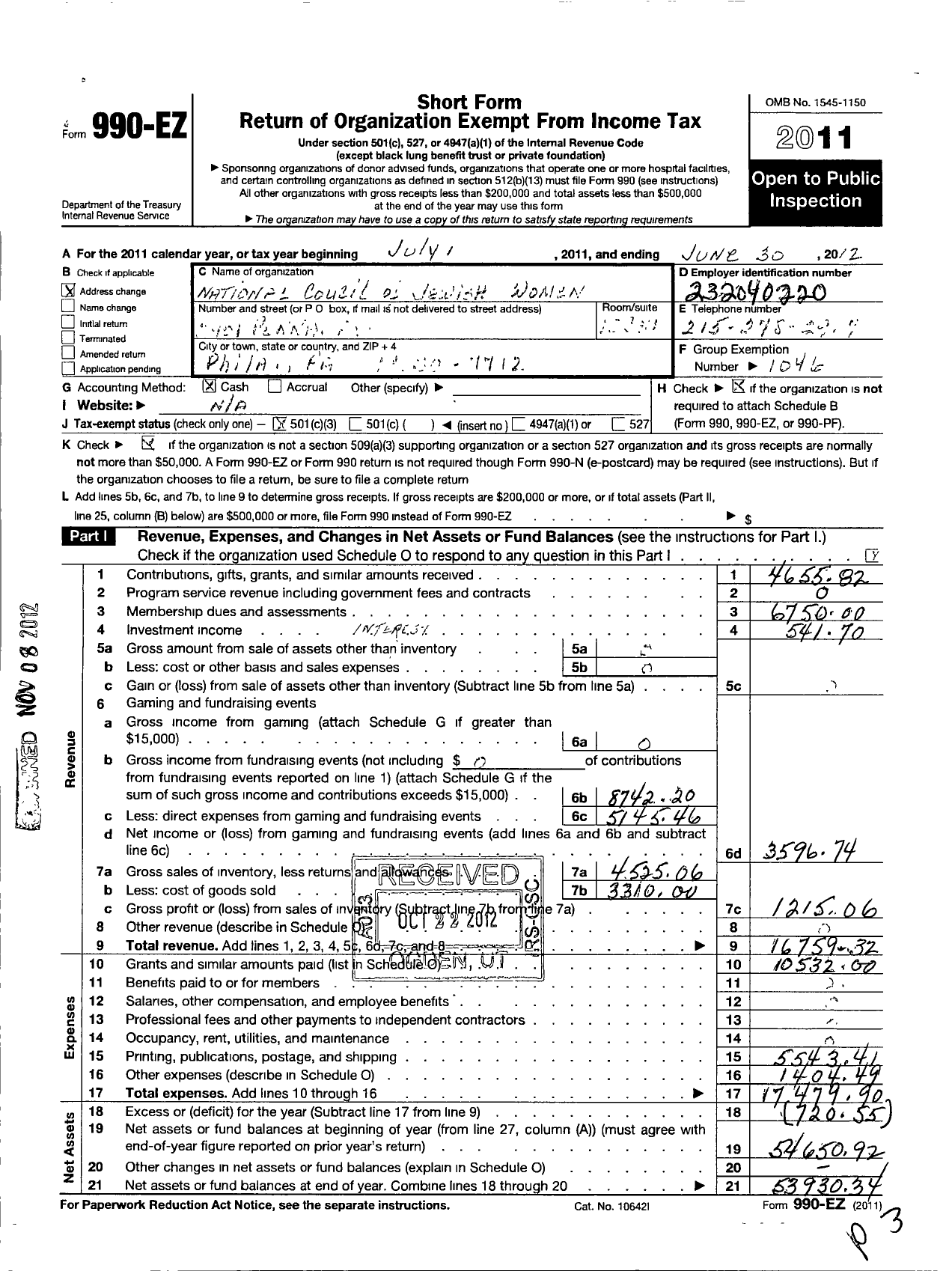 Image of first page of 2011 Form 990EZ for National Council of Jewish Women Incorporated / Philadelphia GR Section