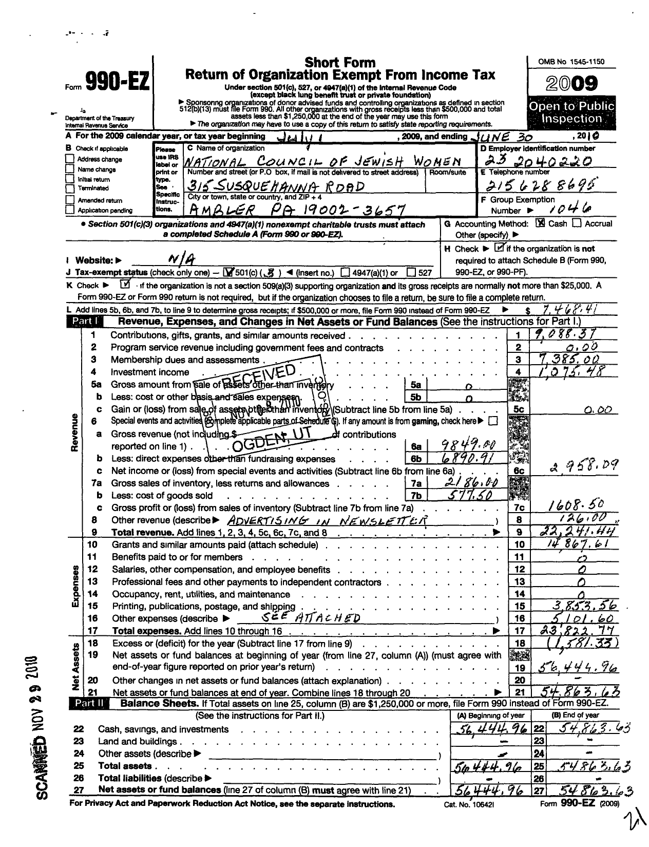 Image of first page of 2009 Form 990EZ for National Council of Jewish Women Incorporated / Philadelphia GR Section