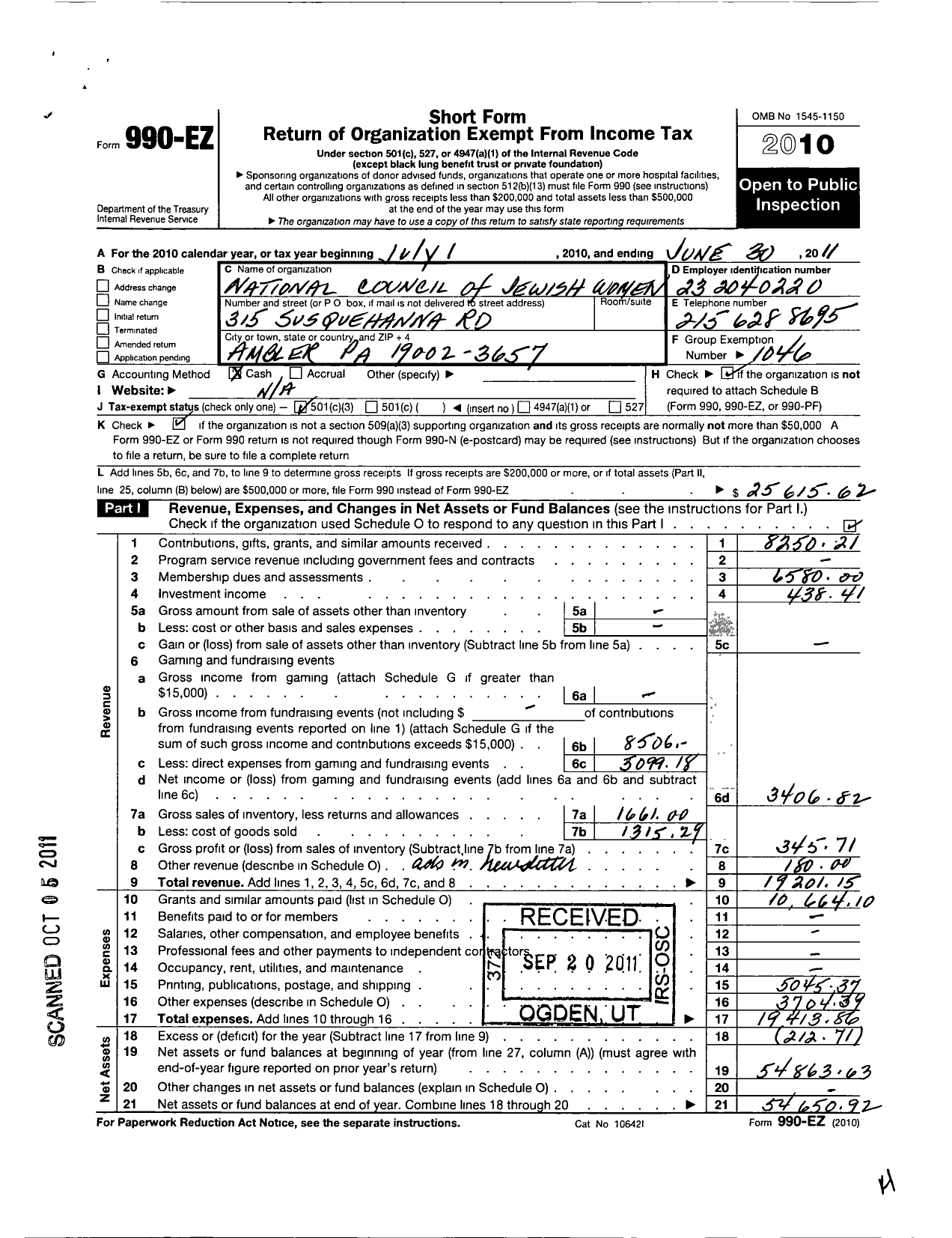 Image of first page of 2010 Form 990EZ for National Council of Jewish Women Incorporated / Philadelphia GR Section