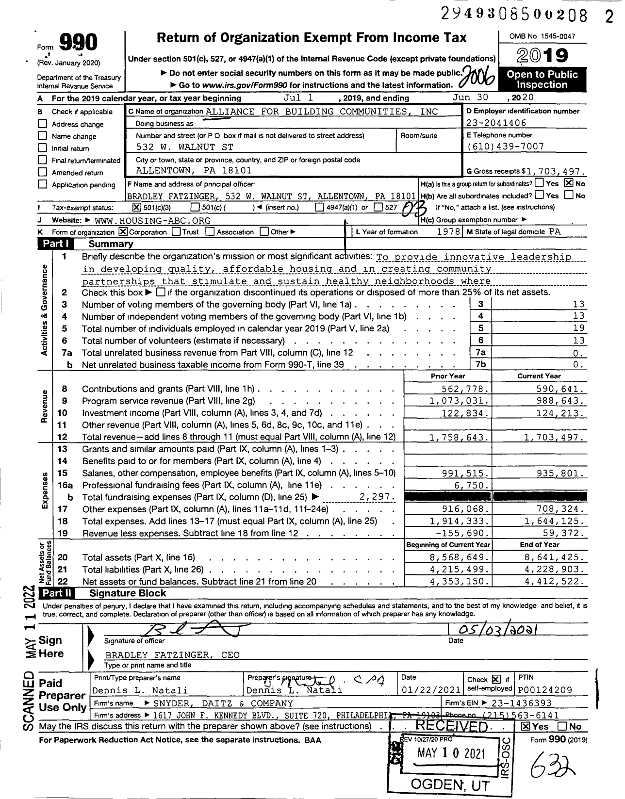 Image of first page of 2019 Form 990 for Alliance for Building Communities