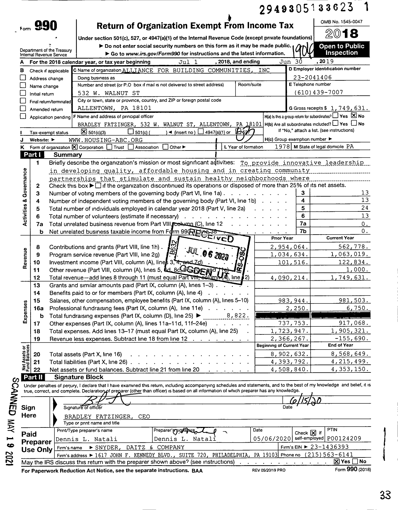 Image of first page of 2018 Form 990 for Alliance for Building Communities