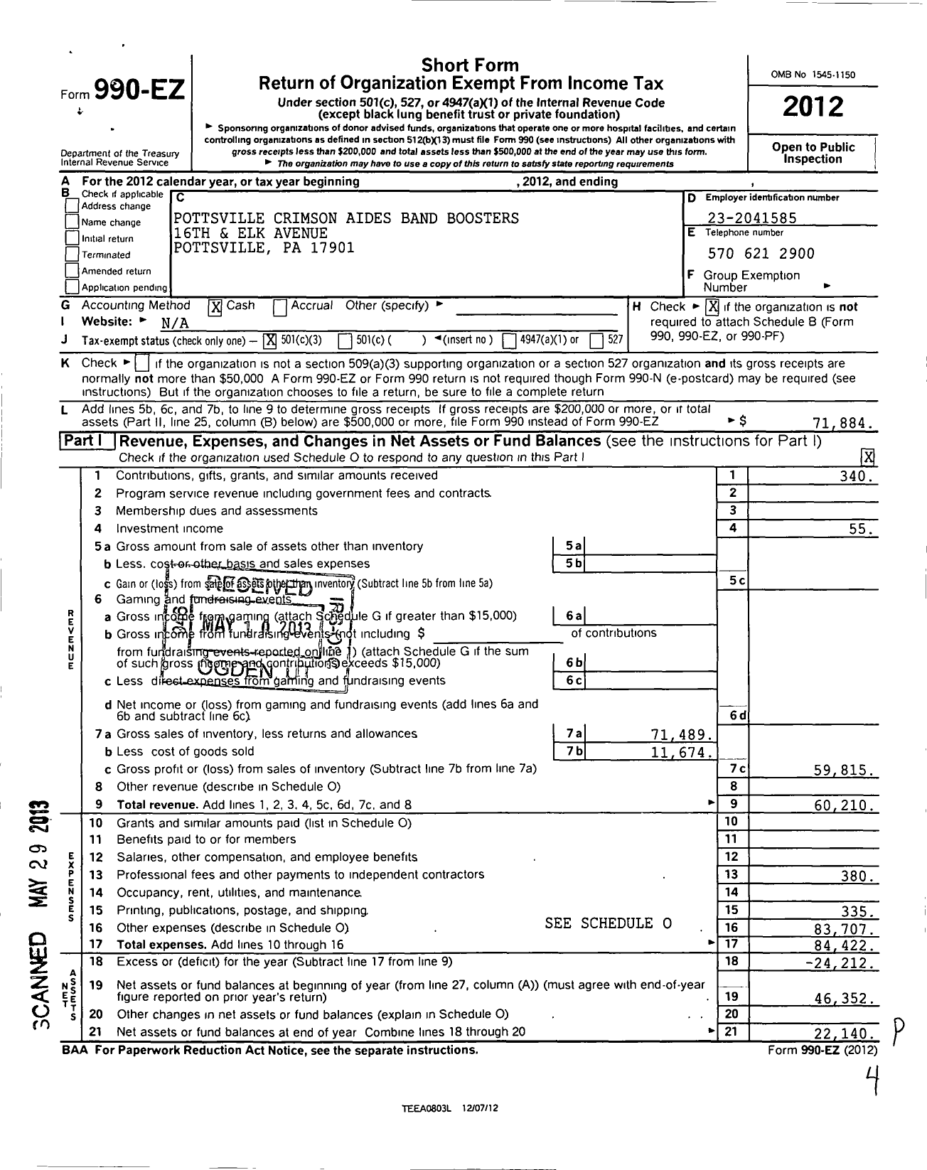 Image of first page of 2012 Form 990EZ for Pottsville Area Crimson Aide Band Boosters