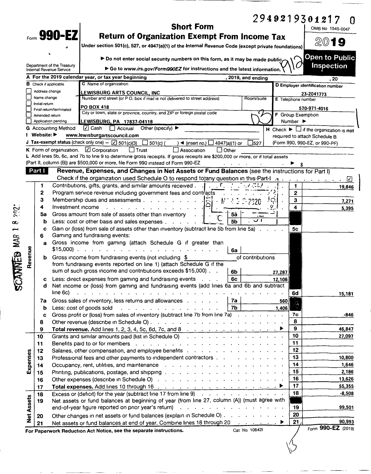 Image of first page of 2019 Form 990EZ for Lewisburg Arts Council